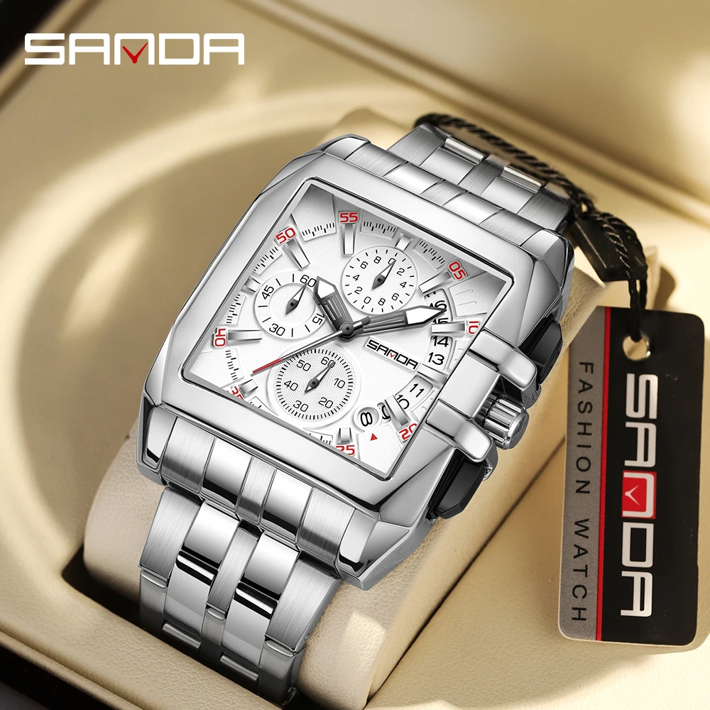 Sanda 5302 Fashion Rectangle Dial Stainless Steel Strap Japan Quartz Movement Waterproof Business Men Chronograph Wrist Watch