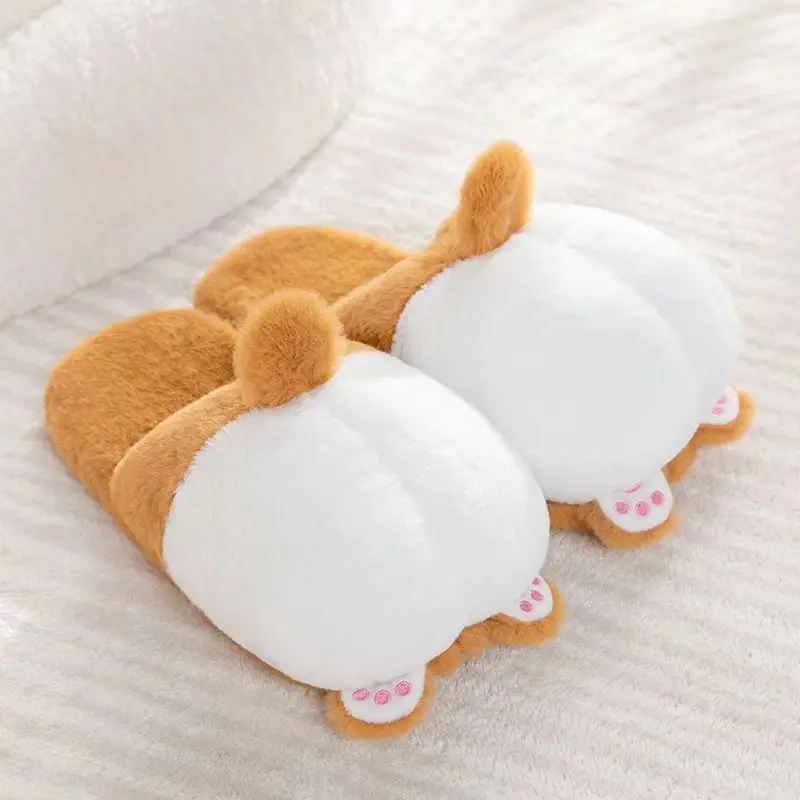 New Creative Corgi Butt Plush Cotton Slippers Girl's Cartoon Animal Furry Funny Home Slides Cozy Non-slip Bedroom Soft Shoes Hot