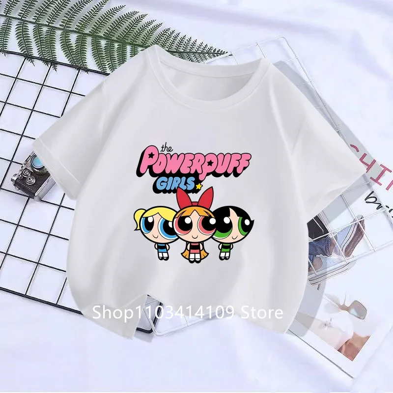 Children Clothes Half Sleeve T-shirt The Powerpuff Girls Series Anime Cartoon Cute Kids Girls Summer Clothing Tops Short Sleeve