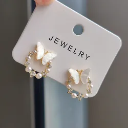 White Acrylic Butterfly Charms Stud Earrings for Women Girls Imitation Pearl Crystal Round Circle Earrings Geometry Jewelry