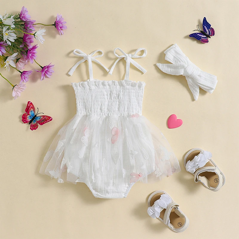 Adorable Baby Girl Set Sleeveless Romper Dress with Butterfly Tulle Patchwork and Matching Hairband for Summer Style