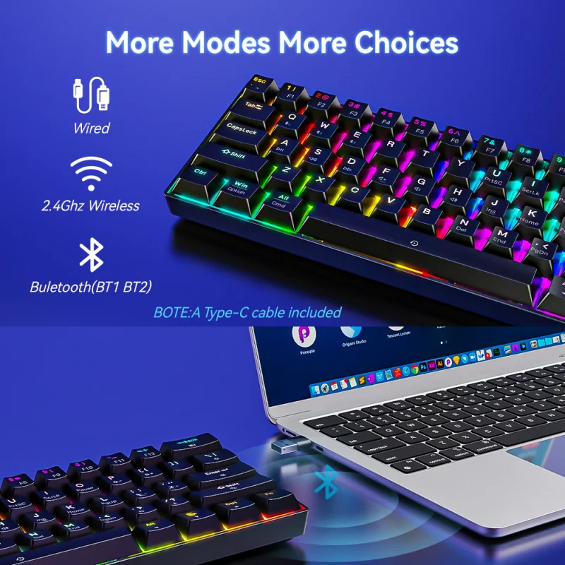 Bluetooth Three-Mode Mechanical Keyboard61Key RGB Luminous Tea Axis E-Sports Wireless Gaming Keyboard