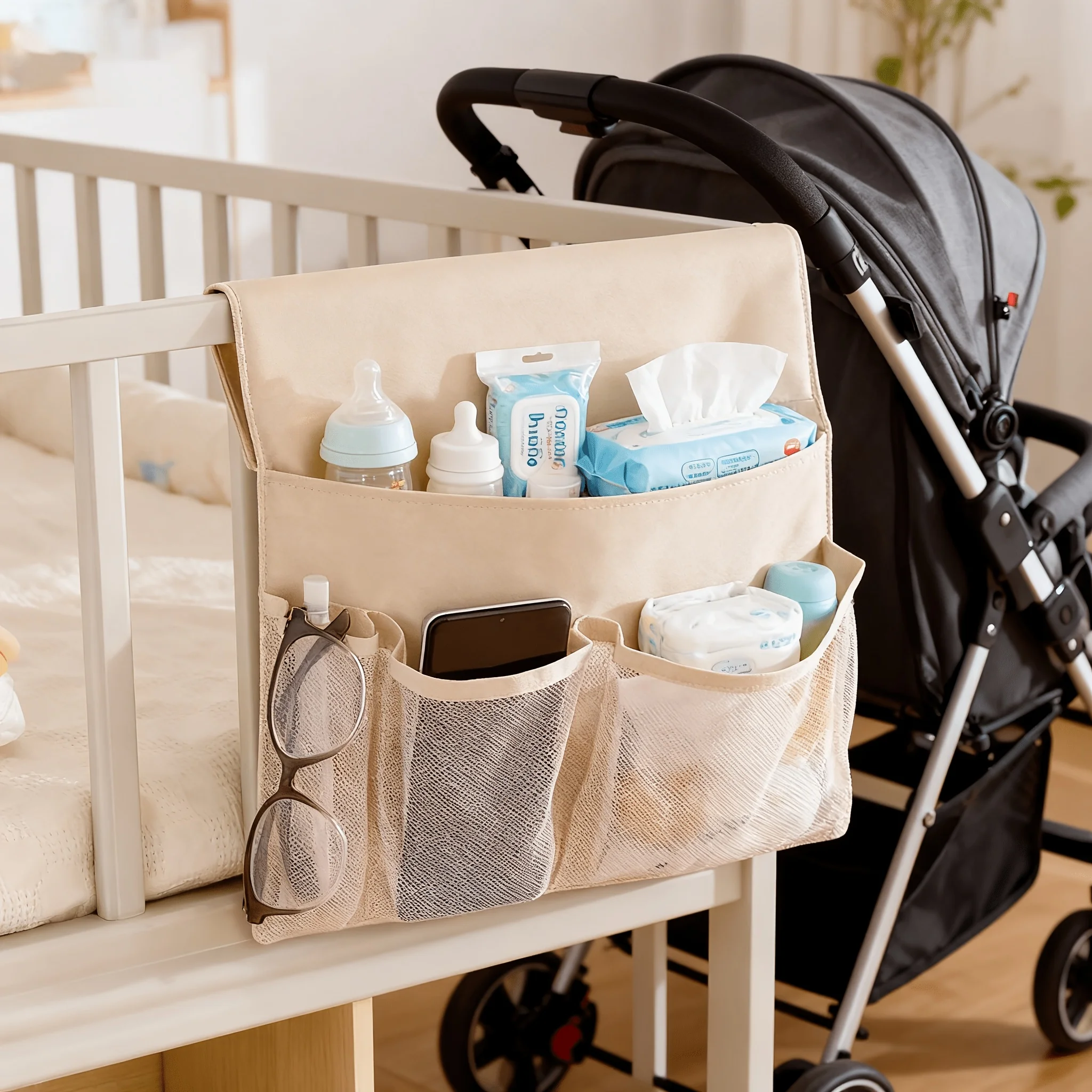 Adjustable Hanging Fabric Storage Basket with Compartments Suitable for Bottles, Wet Wipes Holder - Space-Saving Hanging Shelf