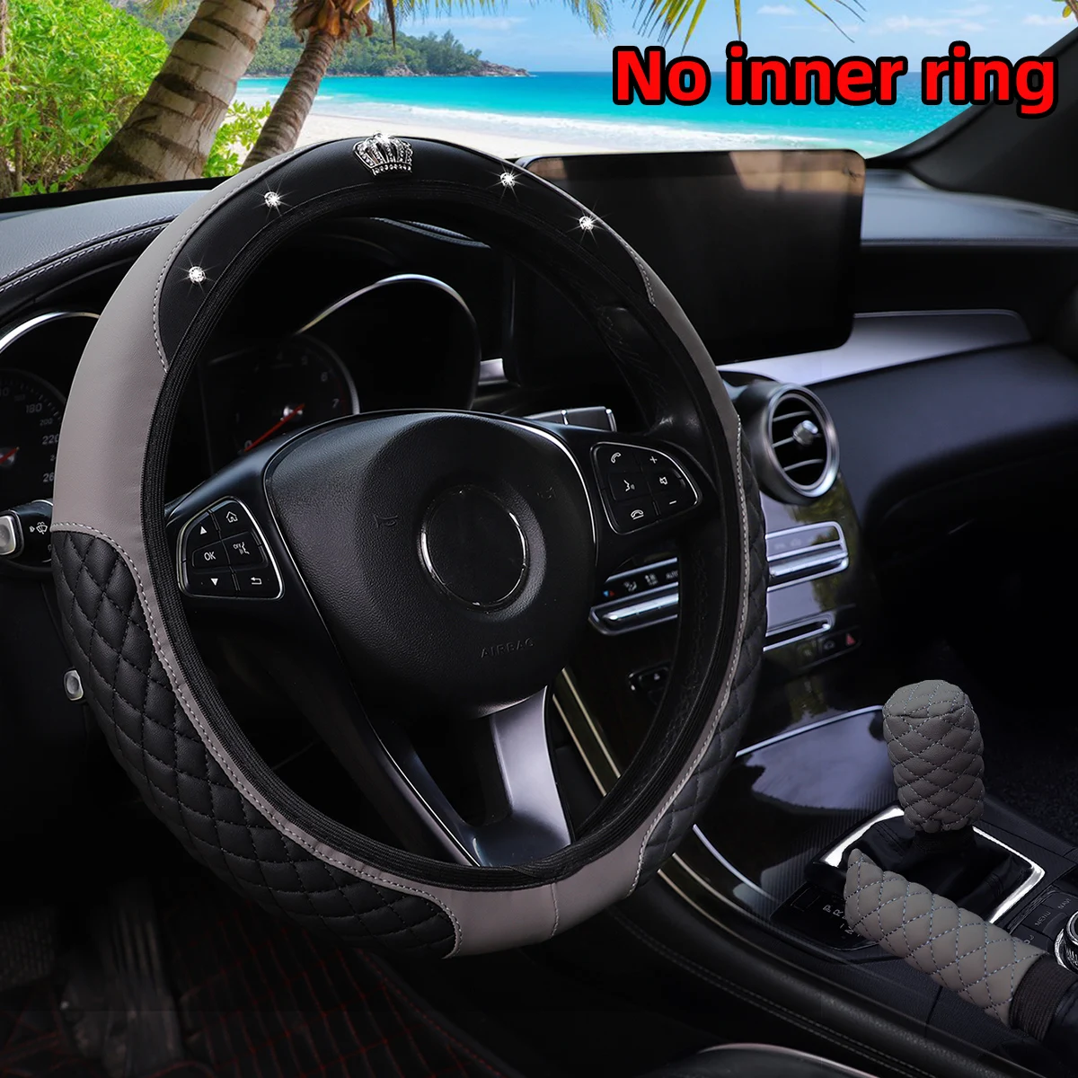 3Pcs NEW PU Leather Car Accessory Set Crown Diamond Inlays Steering Wheel Gear Shift Handbrake Cover Combo without Inner Ring