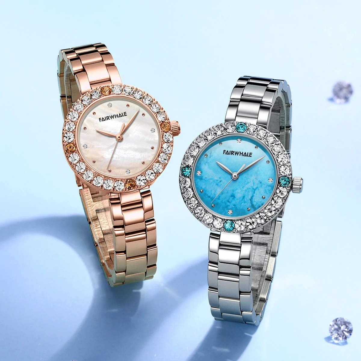Mark Fairwhale Blue Sky Diamond Dial Woman's WristWatches Waterproof Fashion Watches for Women