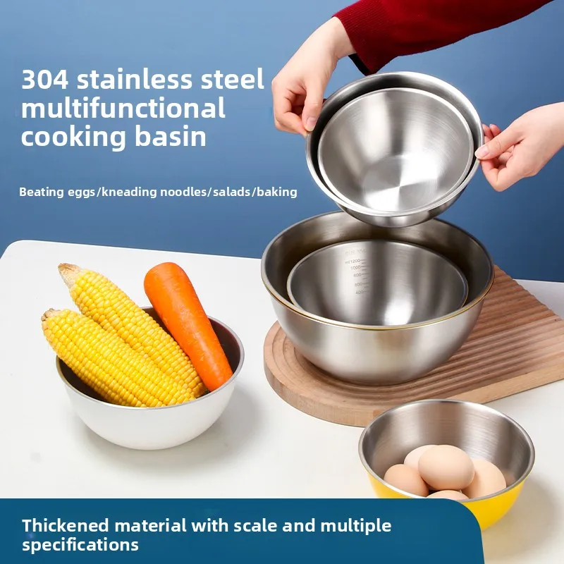 

Korean Sle 304 Stainl Steel Multi-Function Kitchen Basin with Sc Home Cooking Baking Salad Bowl Egg Beating Basin