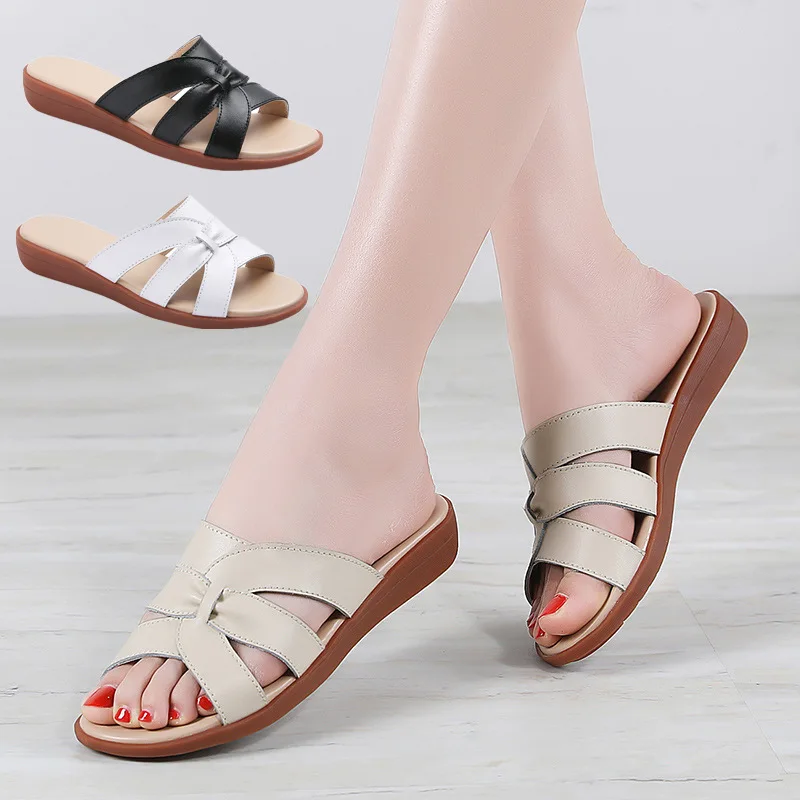 Sandálias femininas de couro da moda verão praia com alças cruzadas conforto casual dedo aberto apartamentos