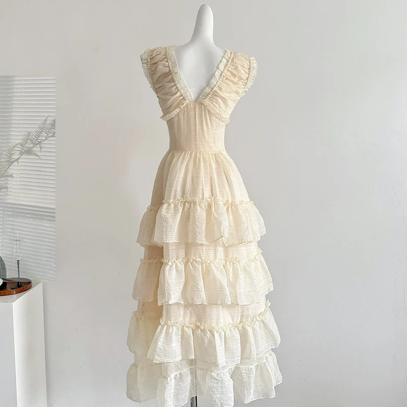 Vestido largo con cordones y cuello en V para mujer, novedad de verano 2021, vestido veraniego escalonado sin mangas, moda coreana elegante, vestidos largos con lentejuelas pesadas