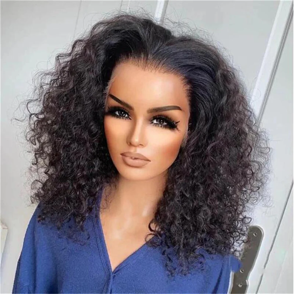 Peluca con malla frontal para mujer, pelo negro Natural, 180 de densidad, suave, sin pegamento, 26 pulgadas, largo, rizado, profundo, con pelo de bebé, prearrancado para uso diario