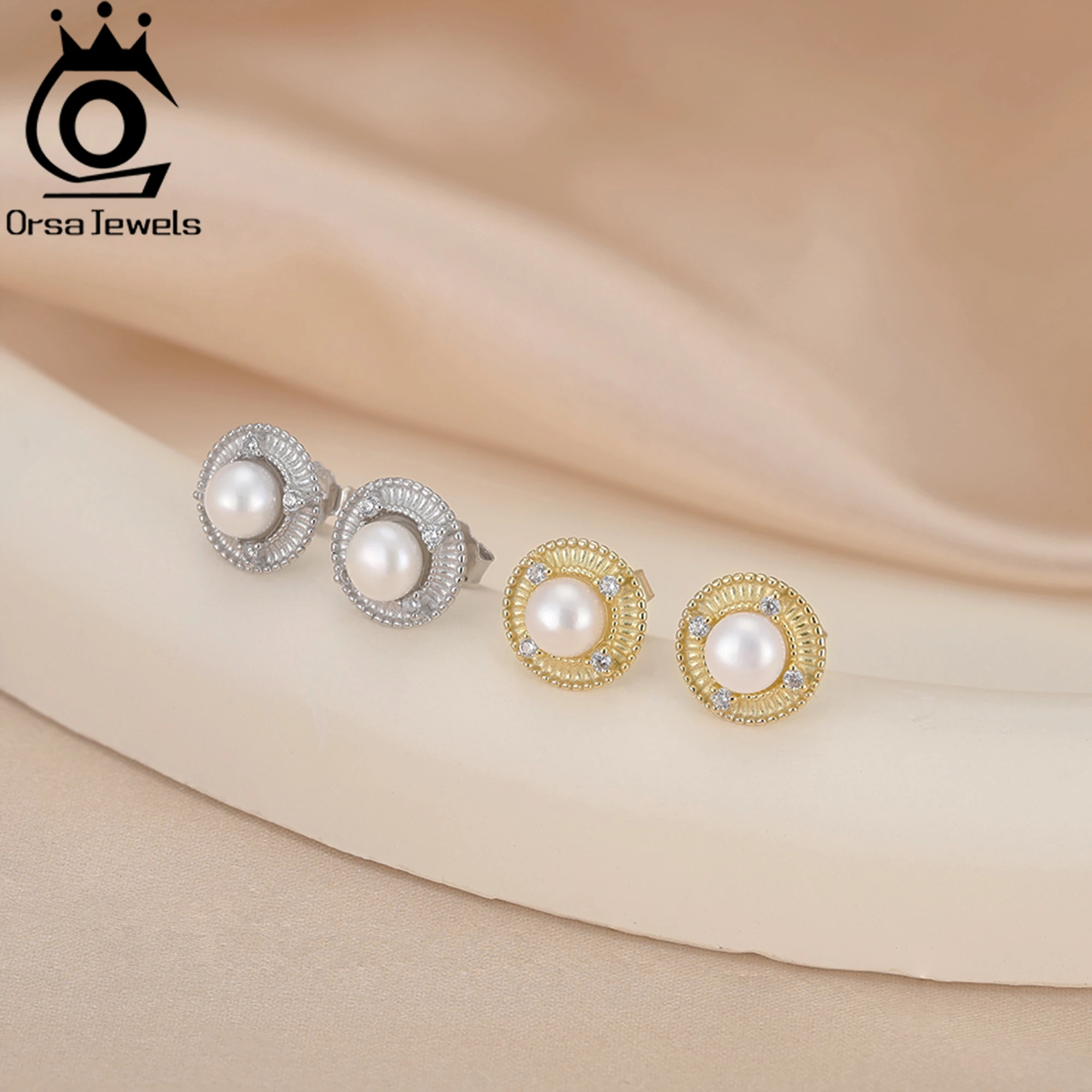 ORSA JEWELS 925 Sterling Silver 14K Gold Exquisite Stud Earrings 5.5-6mm Natural Freshwater Oval Pearl & Zirconia Decor GPE123