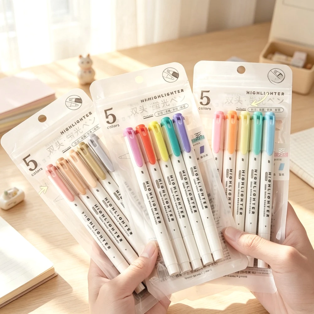 5pcs Dual-Ended Fluorescent Highlighters Set for Notes Exam Review Diary Art Office Use Back-To-School Gift Idea