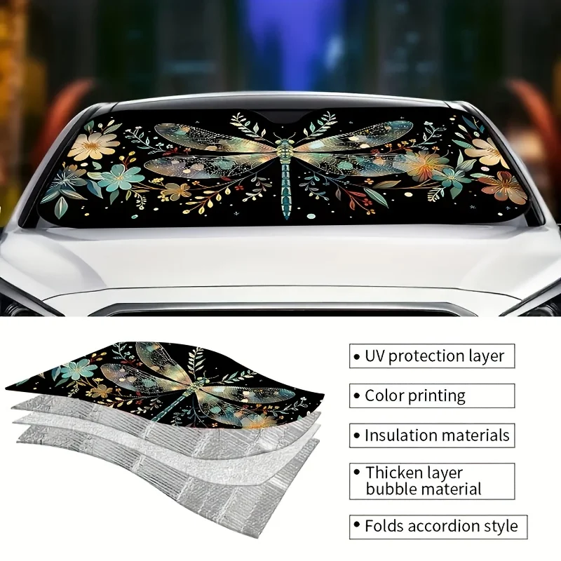 Dragonfly floral design car sunshade Front windshield cover Effective UV protection cooling and heat insulation features