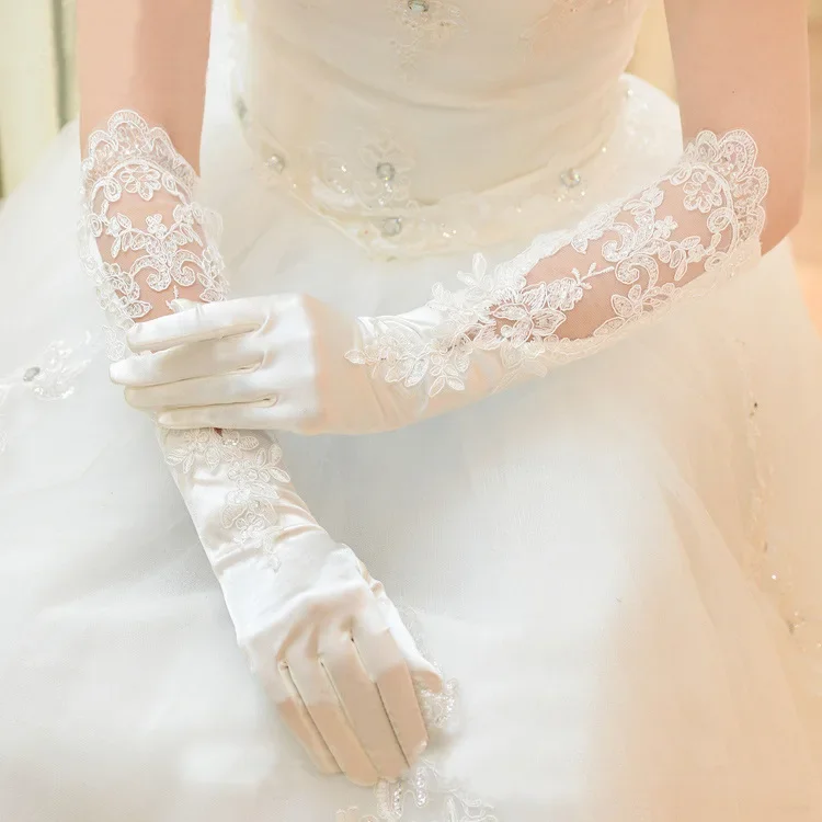 Charming Long Elbow Length Bridal Gloves with Beaded Floral Lace Appliques