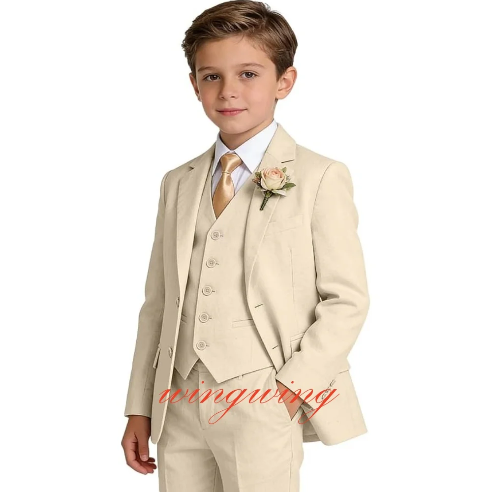 Boys Linen Suit Formal 3 Piece Jacket Vest Pants Toddler Tuxedo for Summer Beach Wedding Outfit Slim Fit Kids Suits