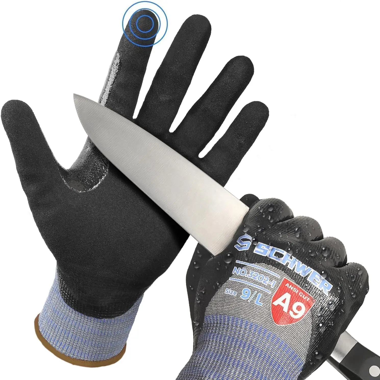 ANSI A9 Cut Resistant Gloves, 18 Gauge Double Dipped Nitrile, Waterproof & Oil Proof, Anti Slip, Touch Screen, Black, L