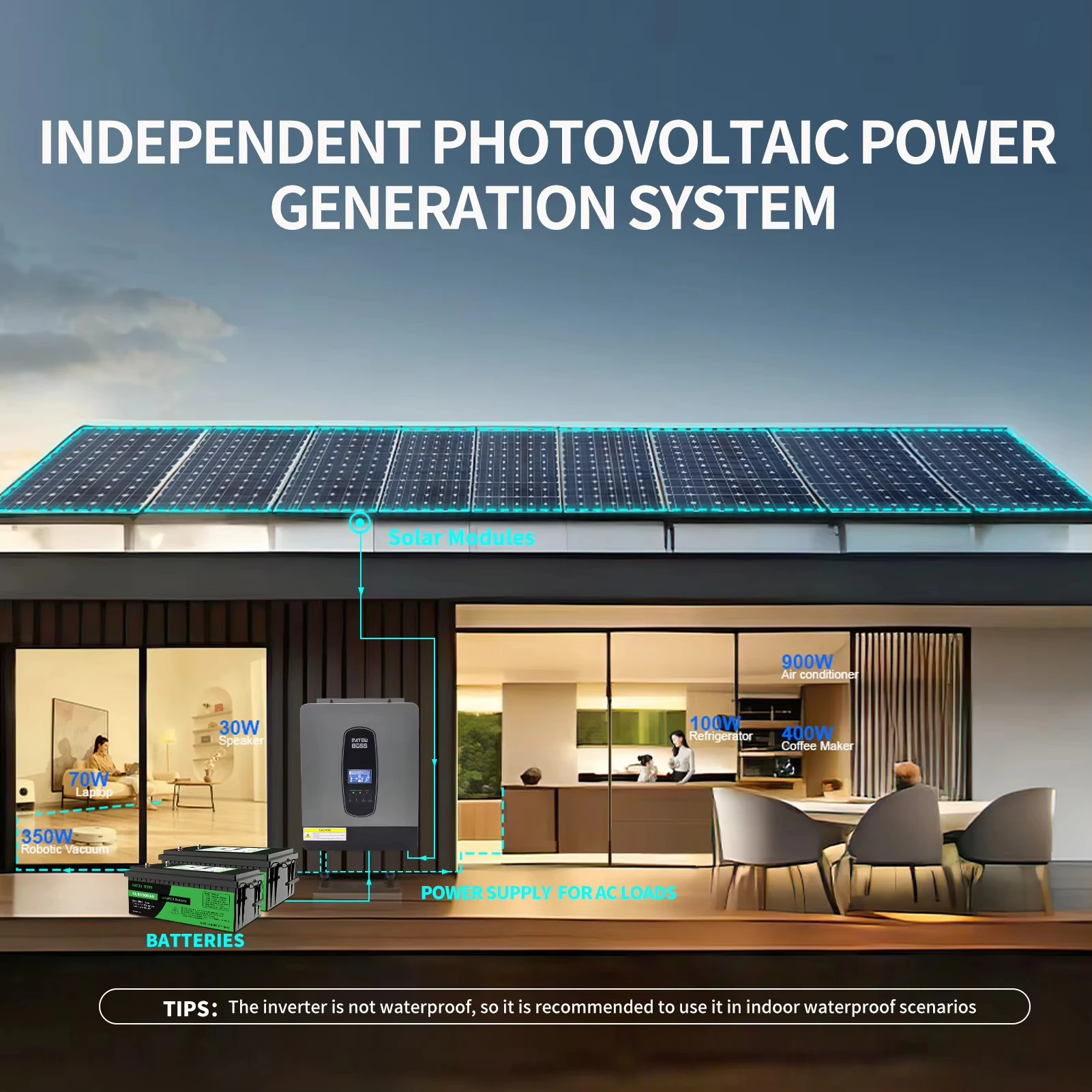 DATOUBOSS Hybride zonne-omvormer 24V voeding 3000W uitgang 220-240V Zuivere sinusband MPPT Batterij opladen Zuivere sinusgolf