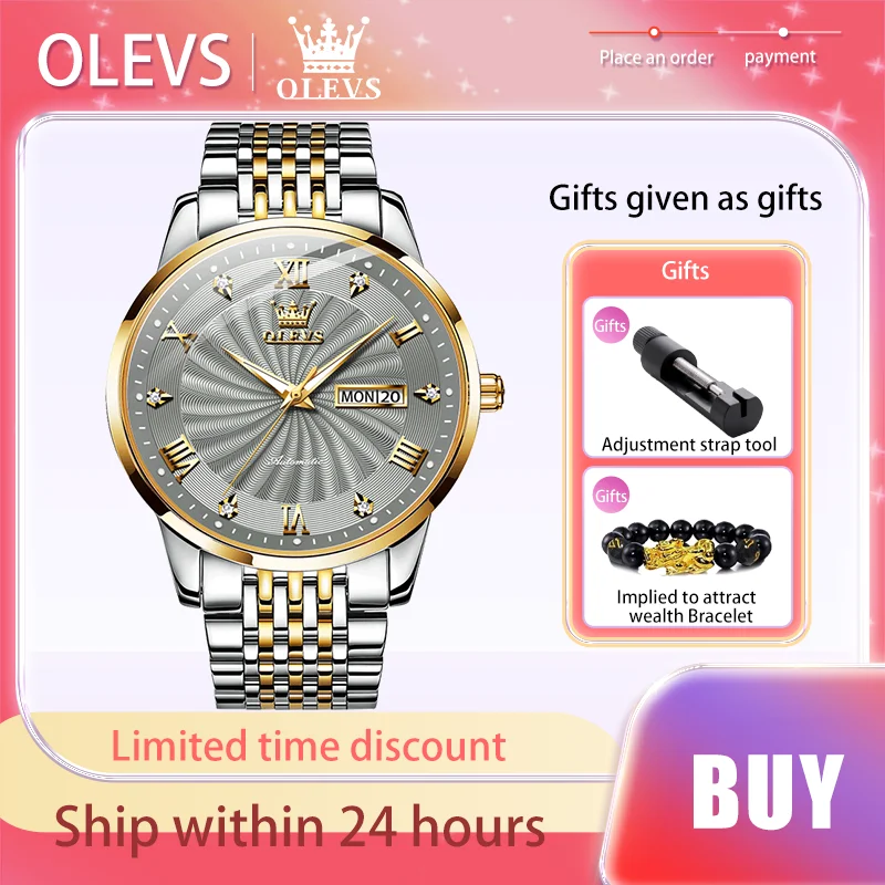 OLEVS Brand Men's Fully Automatic Mechanical Watch Waterproof Spiral Pattern Dual Calendar Luminous Original Man Watch Business