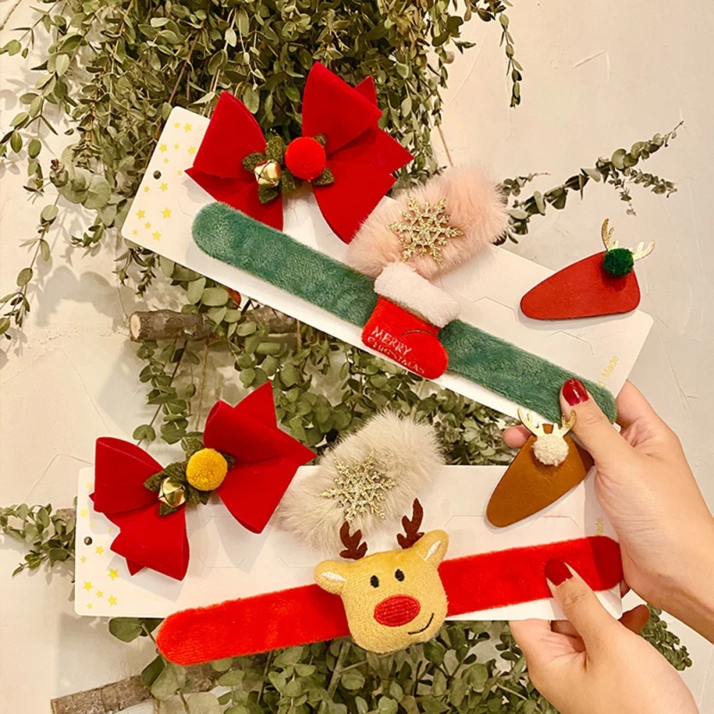 4Pcs/Set Christmas Hair Clips For Girls Hair Bow Cute Elk Santa Claus Kids Bracelet Christmas Gift Cute Flap Ring Set