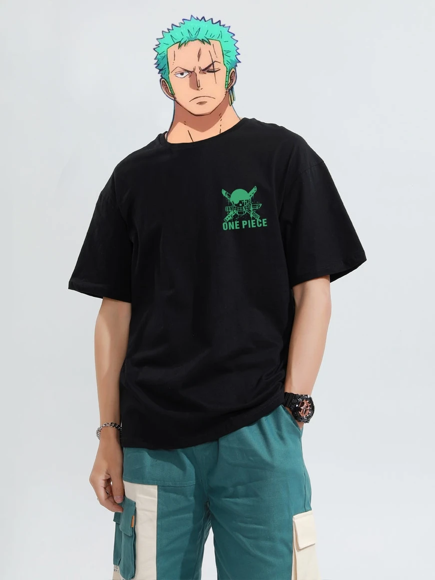 Camiseta de una pieza de algodón pesado, marca japonesa de moda, animación Ronoya Sauron, patrón periférico, mangas cortas holgadas