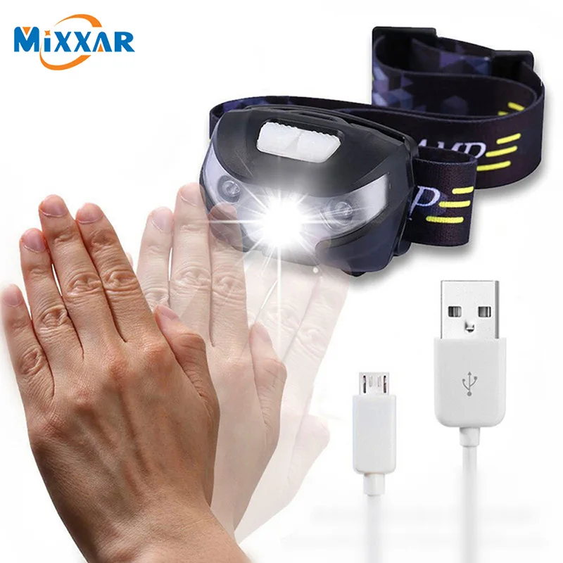 Dropshipping Mini Rechargeable LED HeadLamp Body Motion Sensor LED Bicycle Head Light Lamp Outdoor Camping Flashlight