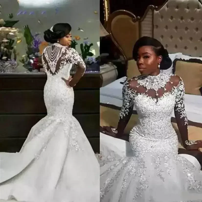 

Customized High Neck Luxury Crystals African Mermaid Wedding Zipper Back Long Sleeve Heave Beaded Bride Dress Vestido De Noiva