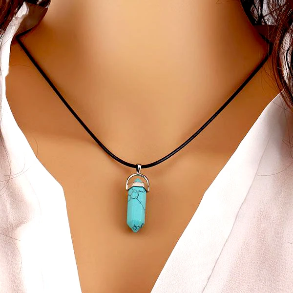 Hexagonal Column Quartz Necklace Turquoises Pink Crystal Pendents Necklace for Women Leather Chain Natural Stone Choker Necklace