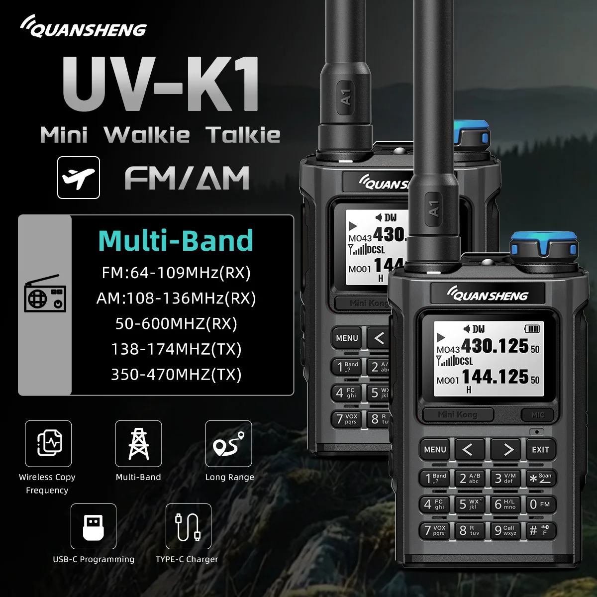 1/2PCS Quansheng UV-K1 Mini Walkie Talkie 2MB Flash Type-C Charger Programming AM/FM Multi-Band Long Range For K5 K6 Ham Radio
