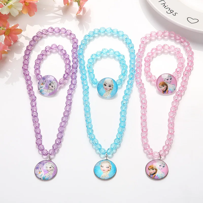 2pcs Anime Figures Disney Frozen Princess Necklace Cartoon Anna Children Bracelet Girls Pendant Jewelry Kids Toys Birthday Gift