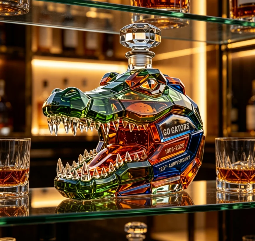 Handmade Alligator Shaped Glass Liquor Decanter, Unique Sculpture Wine Bottle for Whiskey Brandy Rum, Bar Cabinet Display Art