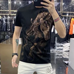 Rhinestones Animal Print O-neck Short Sleeve Tshirt Men Personalized Diamond Men Pullover Tshirt Base Summer Fashion Breathable