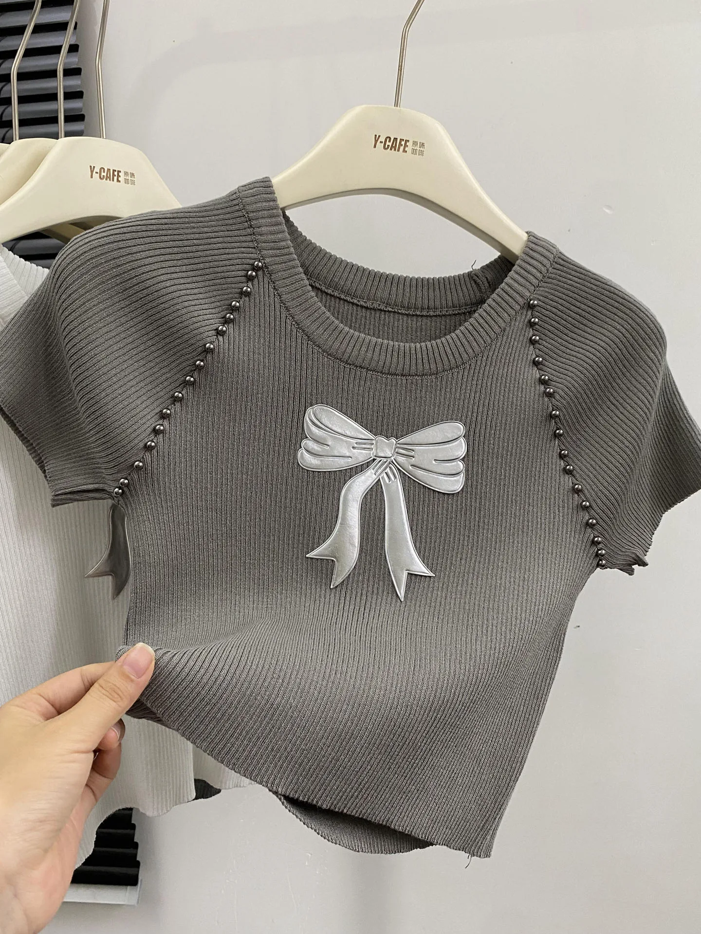 Women\'s Grey T-shirt Harajuku Korean Y2k Bow Tee Top Aesthetic Fashion Vintage Short Sleeve O-Neck T-shirts 2000s Clothes Summer