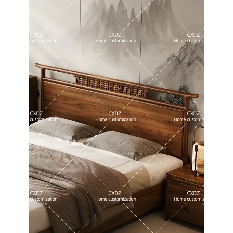 Russian Elm Solid Wood Bed Song Style Aesthetic Full Log Large Board Straight Splice Silent Double Bed for Master Bedroom