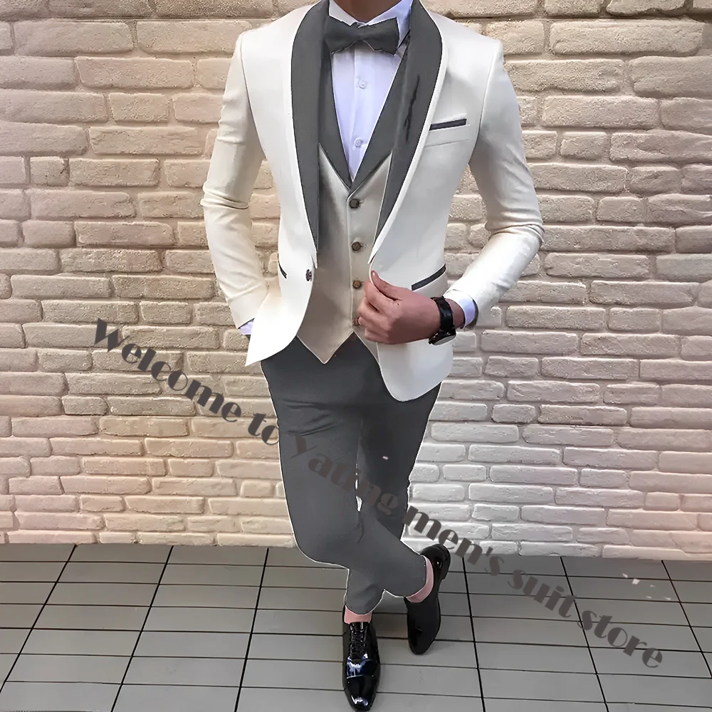 Handsome Men Suits 3 Pieces Ivory Blazer Sets Red Shawl Lapel Groomsmen Formal Party Suit Groom Tuxedo For Wedding