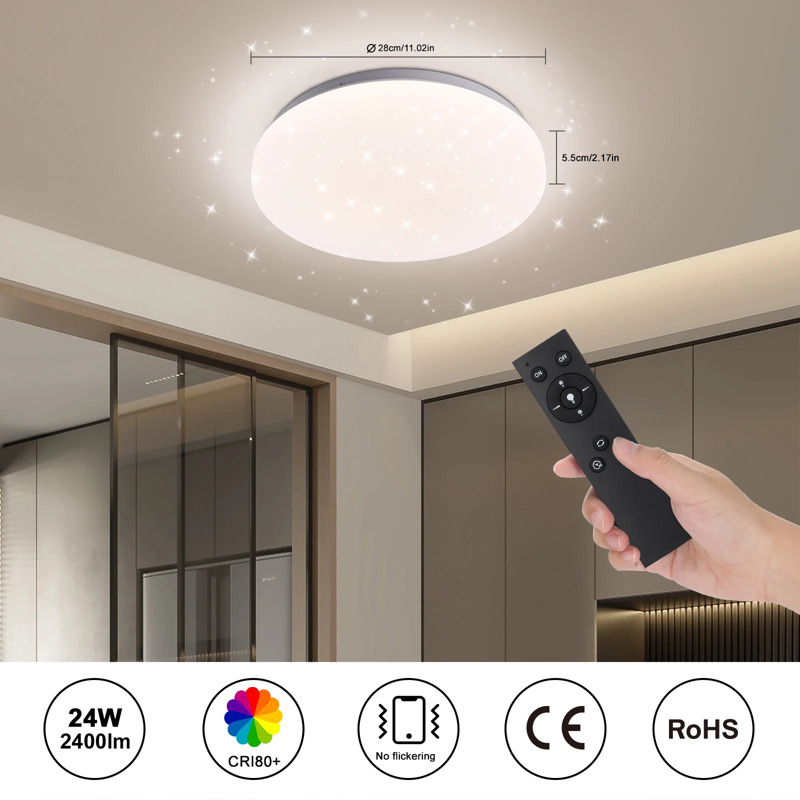 LED-Deckenleuchte 24 W, 28 cm, 2400 lm, dimmbare runde Lampe mit Fernbedienung, 3000–6500 K, für Kinderzimmer, Esszimmer, Büro – Detail 4