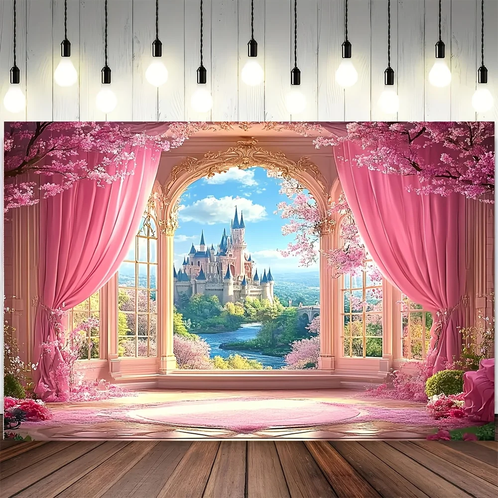 1 pancarta extragrande Spring Pink Dream Castle - fondo de poliéster fascinante con flores de cerezo y castillo majestuoso