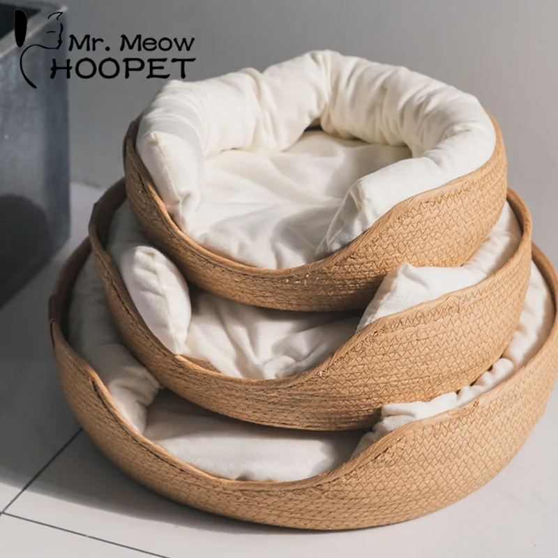 Hoopet Four Seasons Pet Bed Kennel for Cat Puppy Dog Beds Sofa Handmade Bamboo Weaving Cat Cozy Nest Pet Accessaries