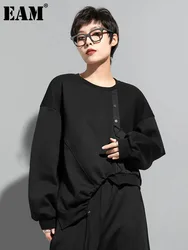 [EAM] Loose Fit Black Irregular Hem Sweatshirt New Round Neck Long Sleeve Women Big Size Fashion Tide Spring Autumn 2024 1DF1318