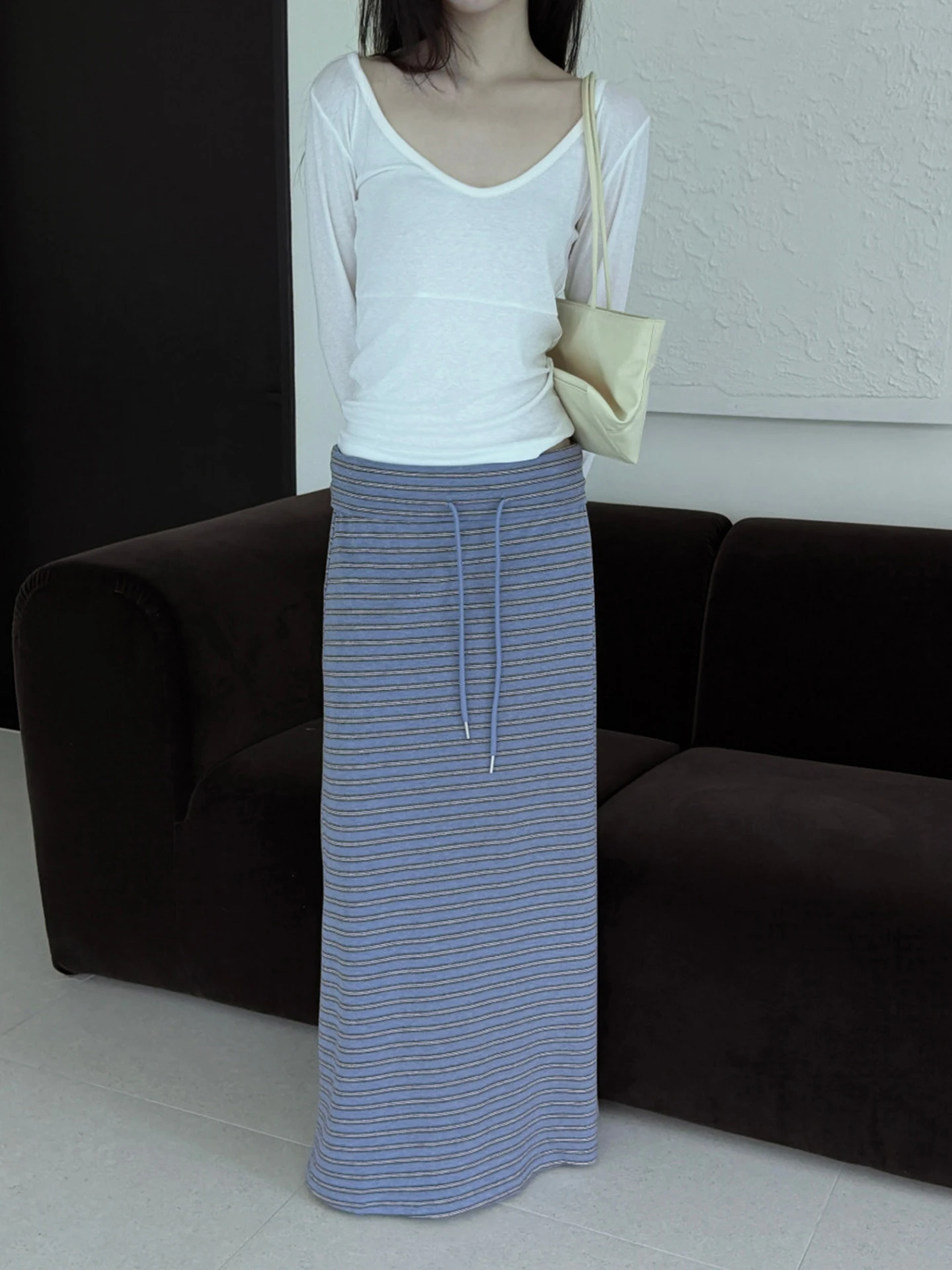 Gray Striped Drawstring High Waist Straight Cut Skirt Women's Elegant Style Autumn New Korean Version Slimming Long Skirt