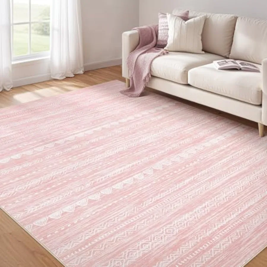 

Pink Rugs for Bedroom Girls: 5x7 Washable Boho Large Neutral Area Rug Cute Soft Modern Indoor Floor Non Slip Accent Carpet for