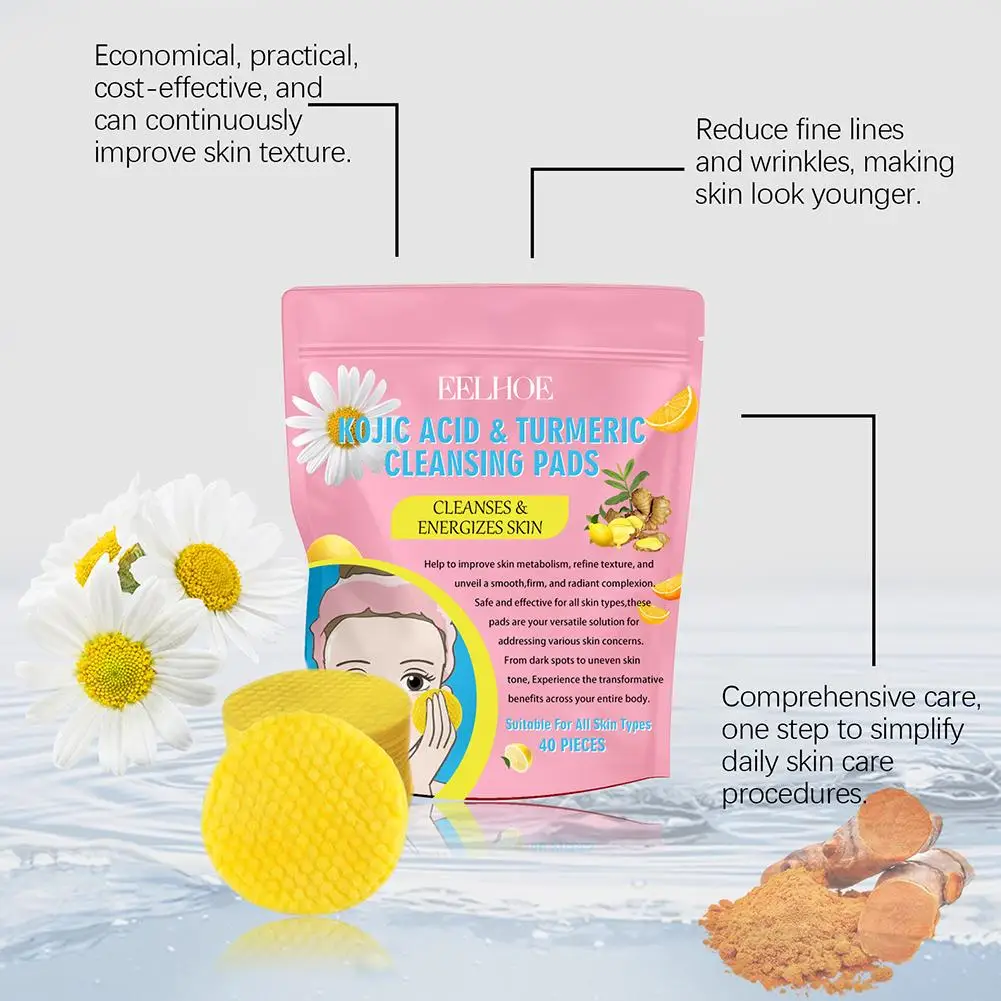 2pcs Turmeric Kojic Acid Exfoliating Cleansing Pads Fades Dark Spots Exfoliates Skin Pads Facial Clean Sponge