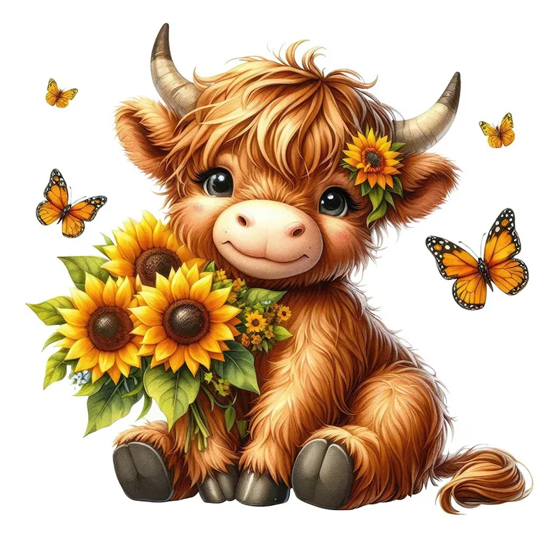 Highland Cow with Sunflowers Sticker, Water-proof Home Wall Decal, Used for Wall, Bathroom, Cabinet, Door,Toilet, Car, Laptop