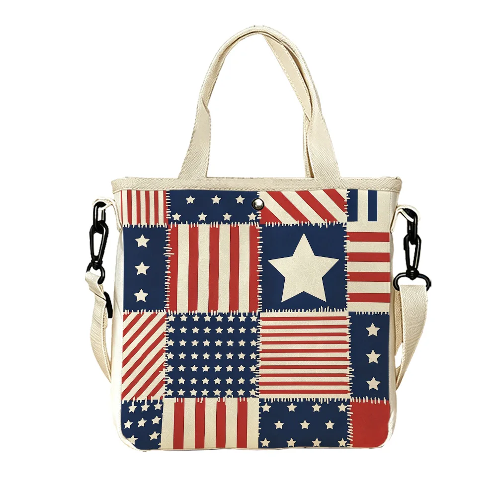 American flag patchwork Double-Sided Printed Canvas Tote Purse for Women Detachable Crossbody Strap for Holiday Travel