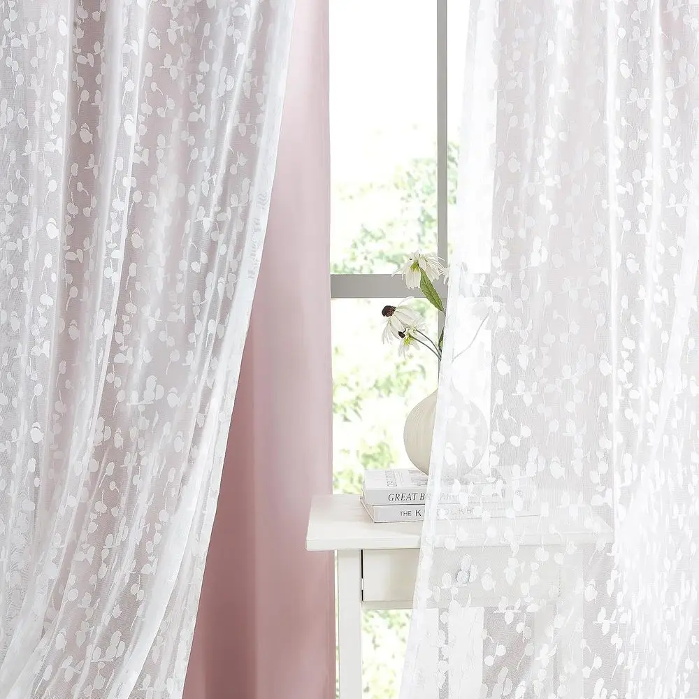 Gorden Transparan Renda Pink & Putih dengan 2 Panel Blackout, 100% Penghalang Cahaya, 52x84, Model Grommet