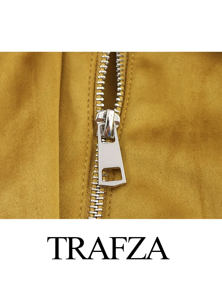 

HH Women's Autumn Fashion Vintage Suede Effect Pilot Short Jacket Female Lapel Zipper Pocket Decoration Long Sleeve Outwear