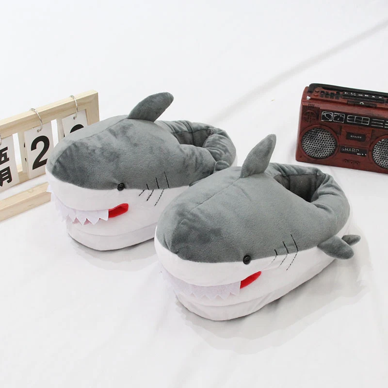 Cute Quirky Jaws Plush Slippers Cartoon Shark Cotton Slippers Boys and Girls Winter Indoor Warm Couple Home Cotton Shoes Gift