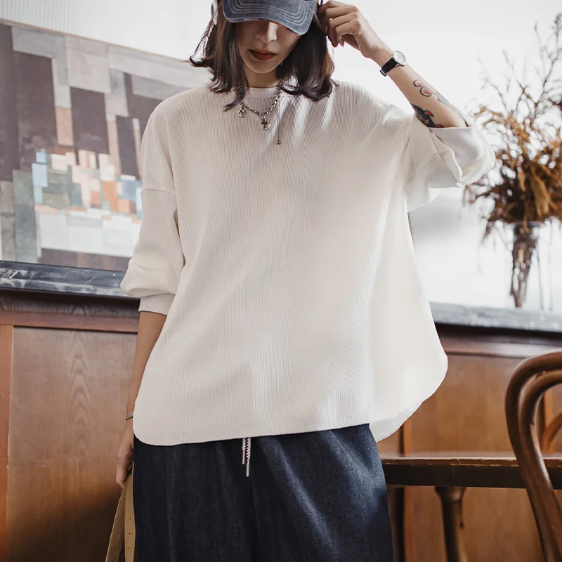 マデンホワイトワッフルニット生地トレーナー女性秋ルーズフィットラウンドネック長袖ヘンリー Tシャツトップ