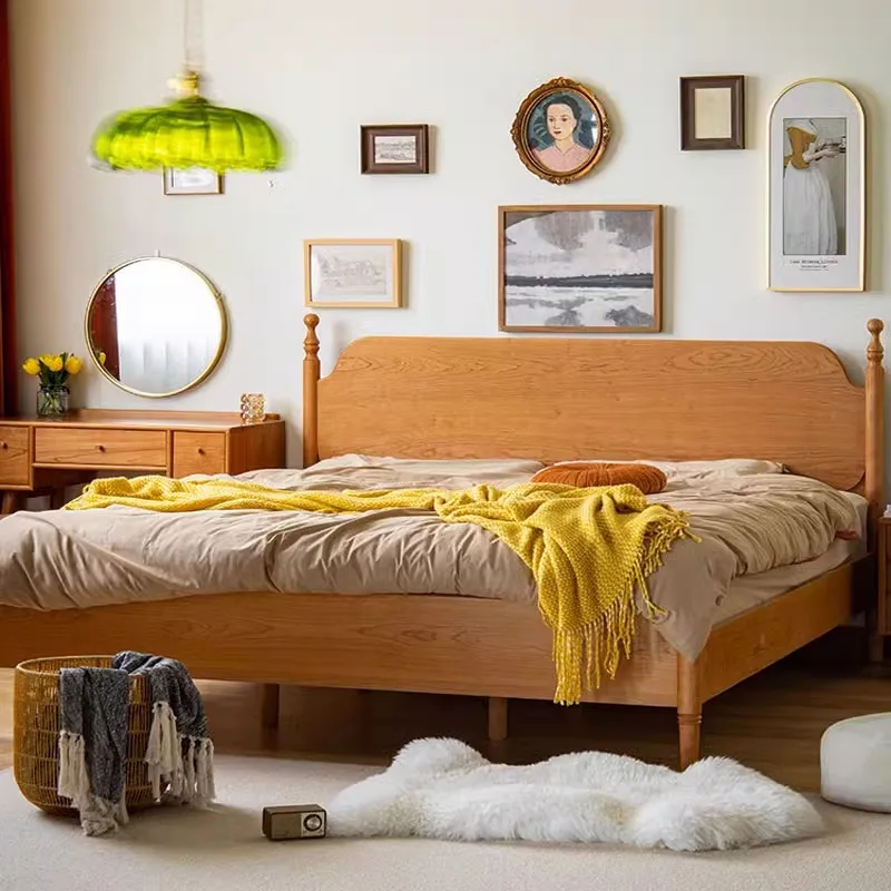 Konfigurowalne nordyckie retro łóżko w stylu japońskim z drewna wiśniowego, proste meble do sypialni, łóżko ślubne 1,8 metra