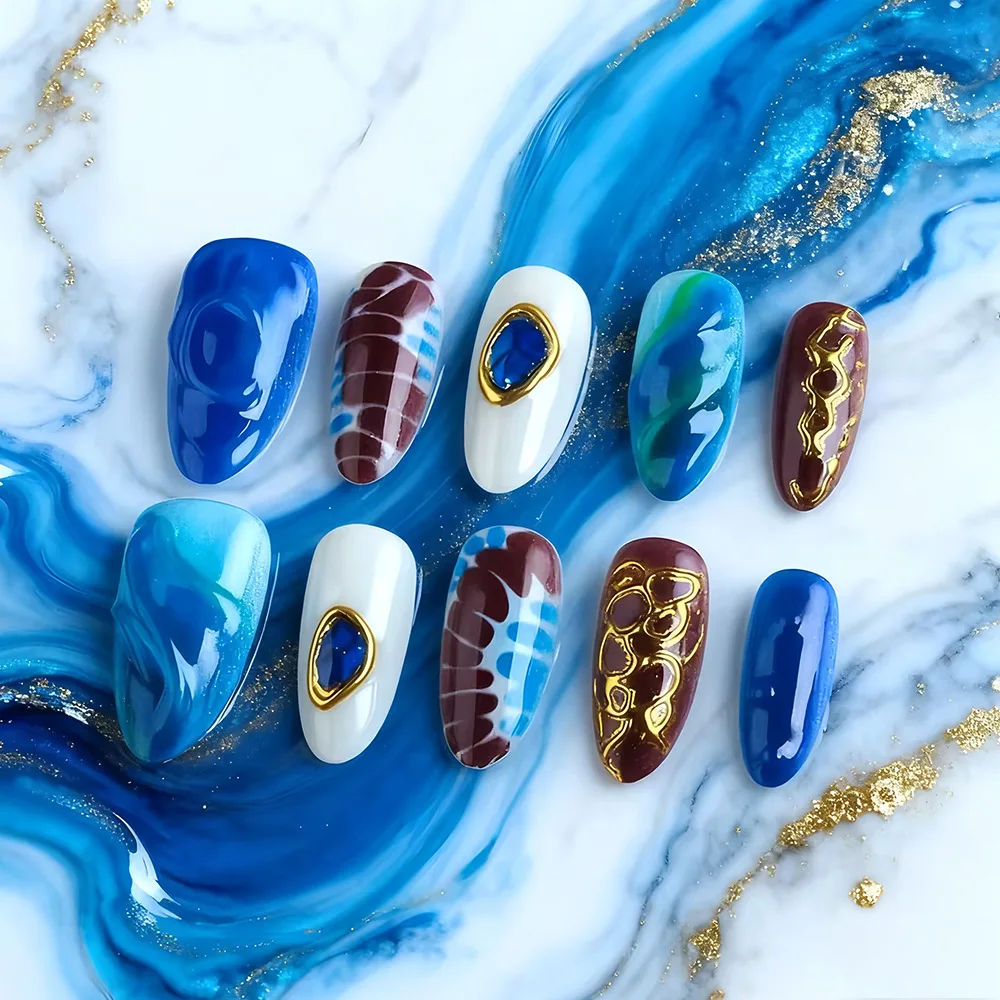 

24Pcs Bohemian Blue Gradient Full Cover Nails Tips 3D Gilded Irregular Design Press on False Nails Detachable Finished Fake Nail