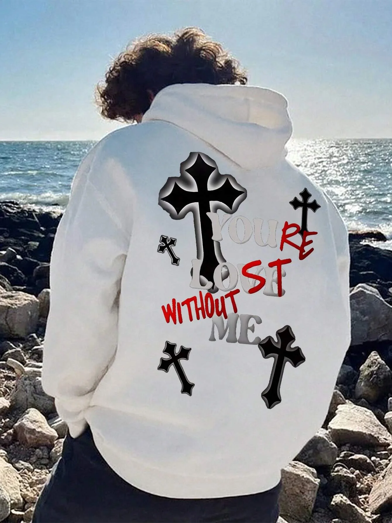 

2024 Hot Sale Men Cross and Slogan Graphic Printed Casual Sport & Commute Versatile Letter Embellished Fleece Lined White Hoodie