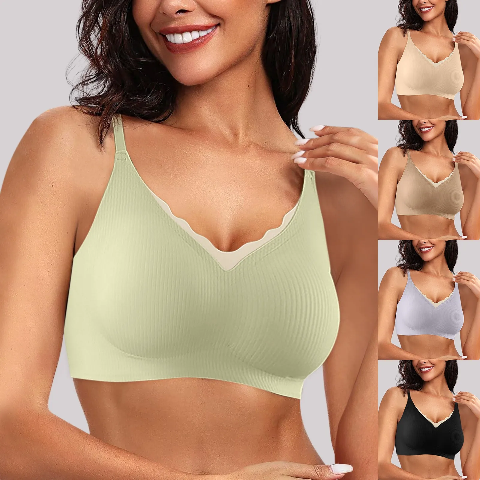 

Womens Seamless Bras No Underwire Scalloped Push Up Bras Soft Wireless Comfort Bralettes Full Coverage Tan Bra for Women